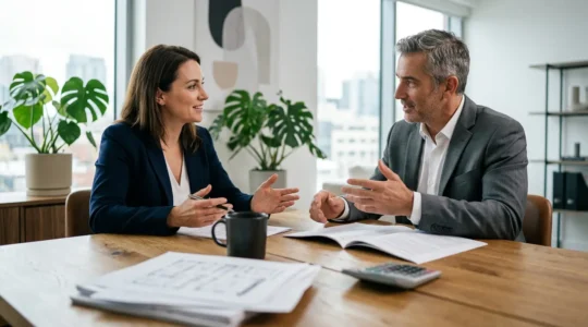 Négociation d'honoraires entre un agent immobilier et des clients dans un bureau moderne
