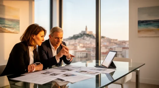 Agent immobilier et client en négociation dans un bureau moderne avec vue sur Marseille