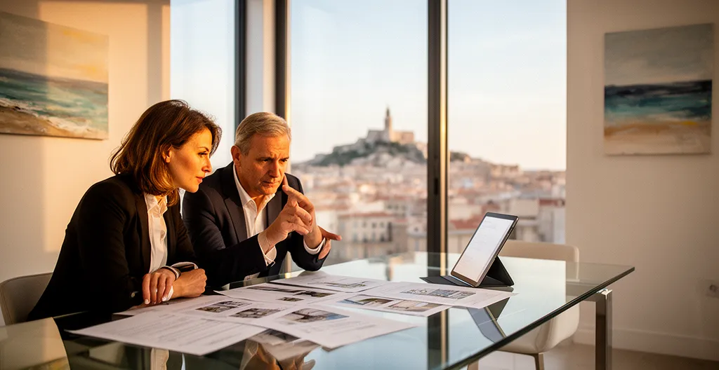 Agent immobilier et client en négociation dans un bureau moderne avec vue sur Marseille