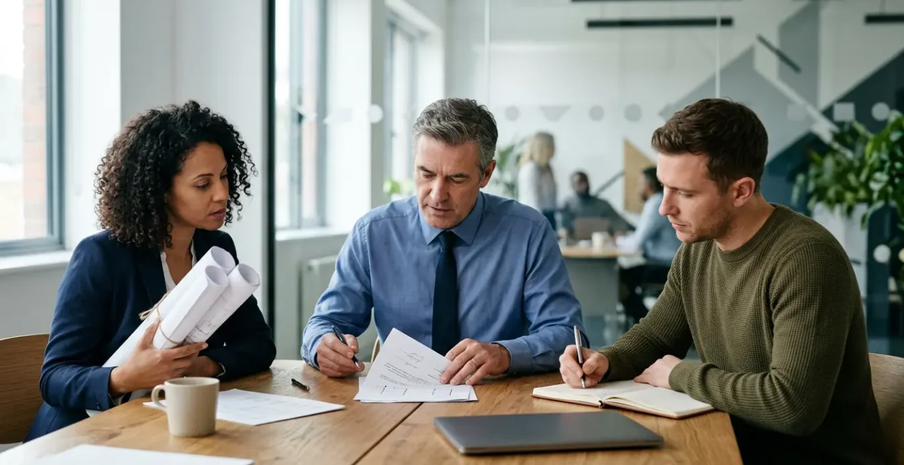 Réunion professionnelle entre experts immobiliers analysant des plans et documents dans un bureau lumineux