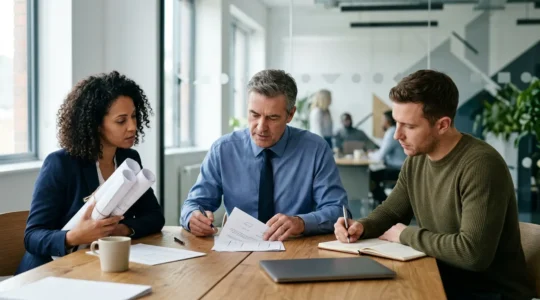 Réunion professionnelle entre experts immobiliers analysant des plans et documents dans un bureau lumineux