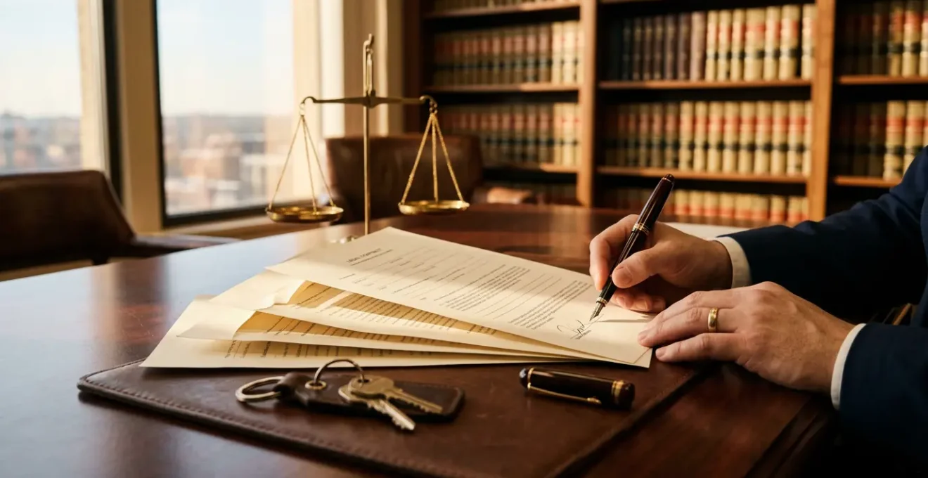 Documents contractuels immobiliers posés sur une table en bois avec clés de maison et calculatrice dans un bureau notarial