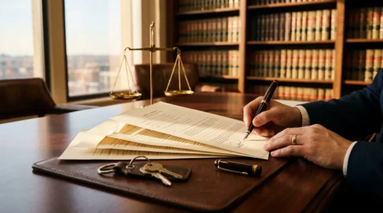 Documents contractuels immobiliers posés sur une table en bois avec clés de maison et calculatrice dans un bureau notarial