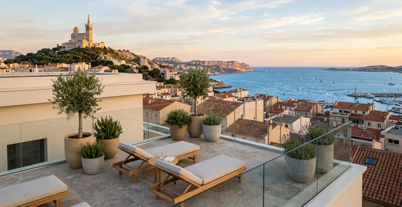Vue aérienne d'une terrasse de dernier étage à Marseille avec mobilier design et vue mer