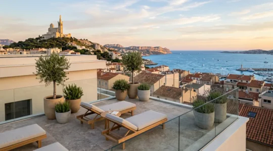 Vue aérienne d'une terrasse de dernier étage à Marseille avec mobilier design et vue mer