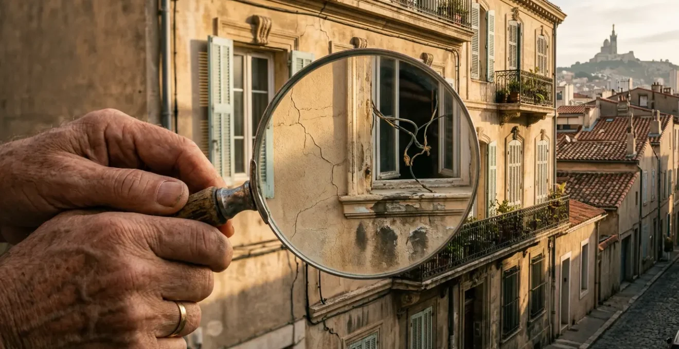 Vue aérienne d'une maison marseillaise typique avec un agent immobilier tenant une loupe, révélant des détails cachés