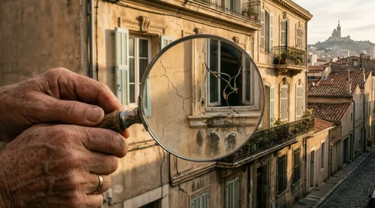 Vue aérienne d'une maison marseillaise typique avec un agent immobilier tenant une loupe, révélant des détails cachés