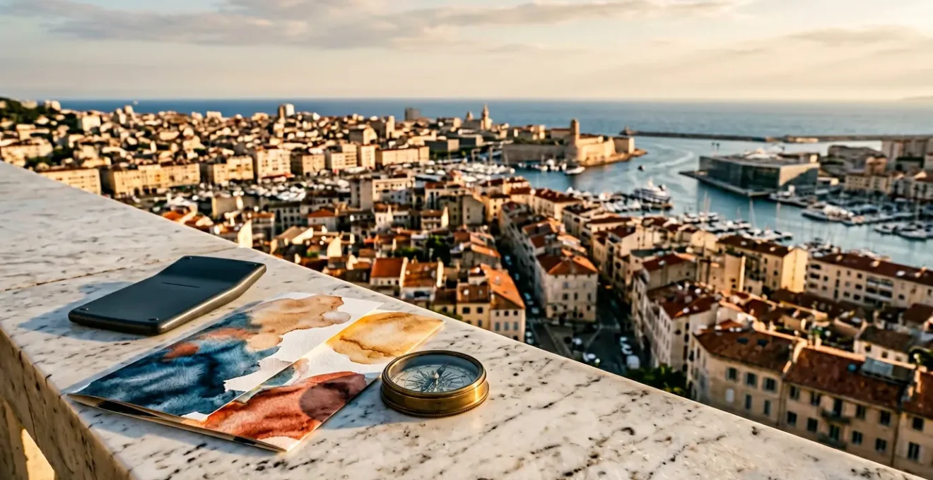 Vue aérienne de Marseille avec calculatrice et documents fiscaux en premier plan