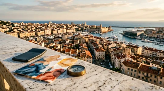 Vue aérienne de Marseille avec calculatrice et documents fiscaux en premier plan