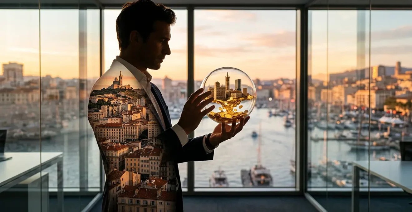 Vue aérienne symbolique d'un portefeuille immobilier marseillais avec effet de double exposition montrant différents quartiers et types de biens