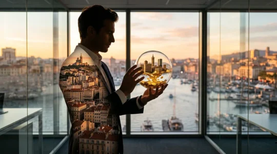 Vue aérienne symbolique d'un portefeuille immobilier marseillais avec effet de double exposition montrant différents quartiers et types de biens