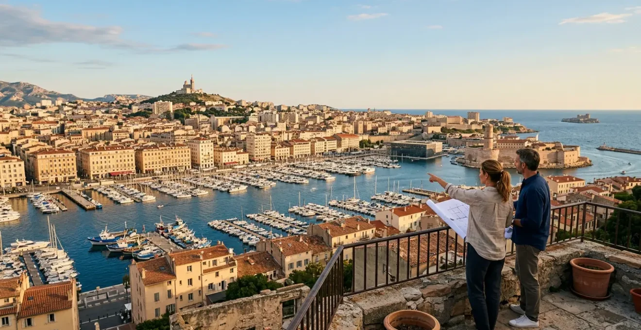 Vue panoramique du Vieux-Port de Marseille avec des acheteurs potentiels observant des appartements
