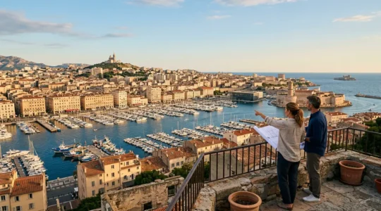 Vue panoramique du Vieux-Port de Marseille avec des acheteurs potentiels observant des appartements