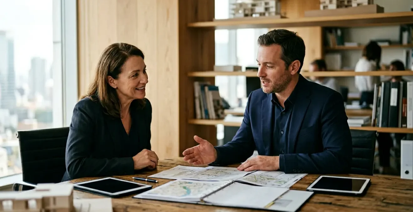 Propriétaire et gestionnaire immobilier en discussion dans un bureau moderne avec documents de gestion locative