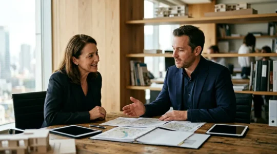 Propriétaire et gestionnaire immobilier en discussion dans un bureau moderne avec documents de gestion locative