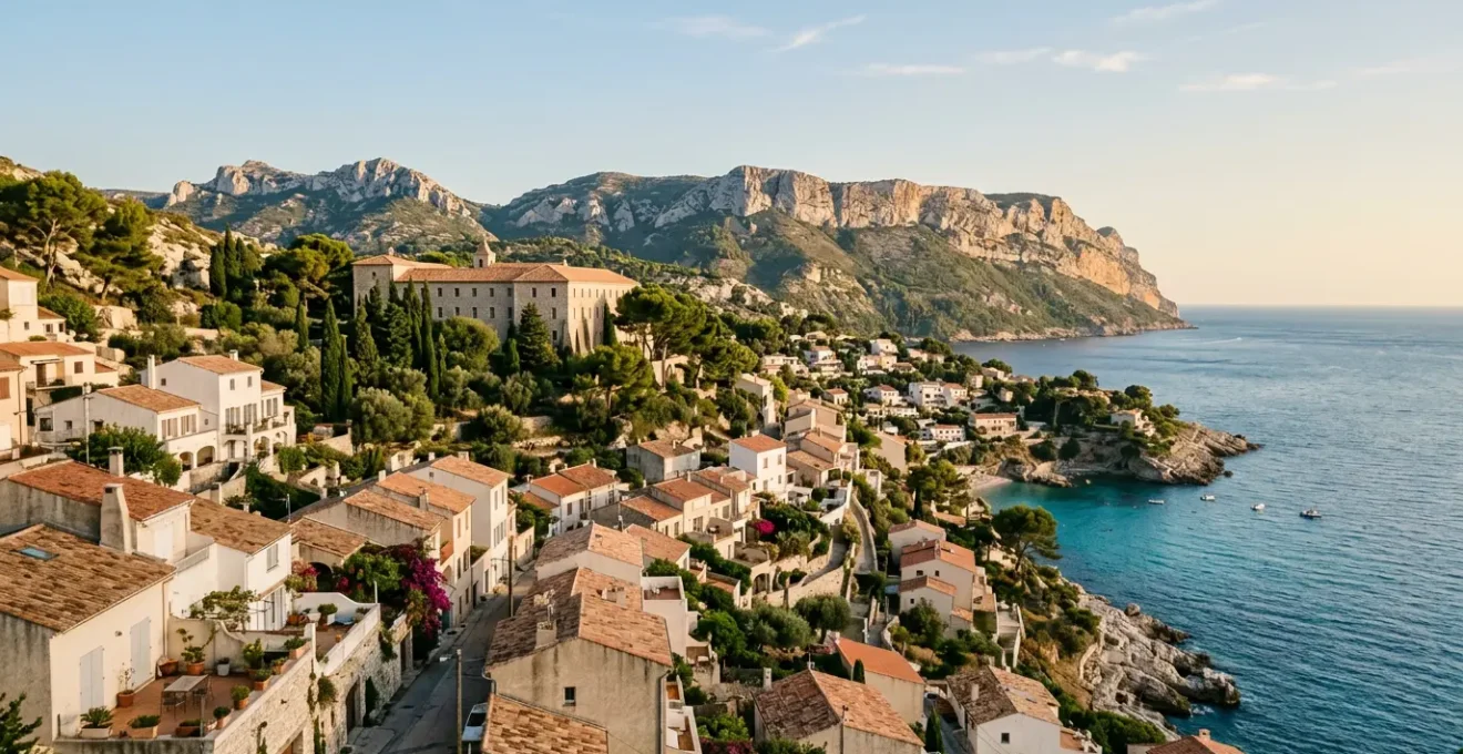 Vue panoramique du quartier des Baumettes avec le centre pénitentiaire en arrière-plan et les collines des Calanques