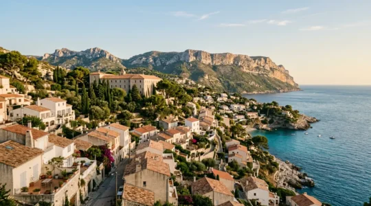 Vue panoramique du quartier des Baumettes avec le centre pénitentiaire en arrière-plan et les collines des Calanques