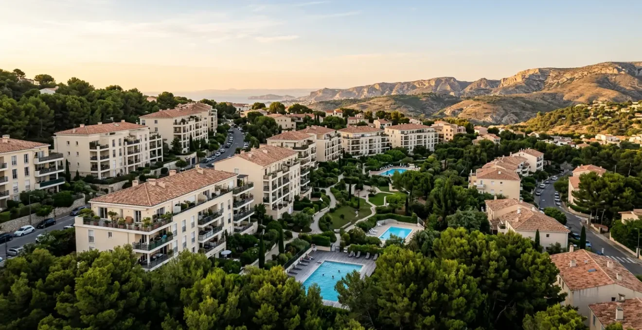 Vue aérienne du quartier du Cabot à Marseille avec ses résidences arborées et immeubles de standing