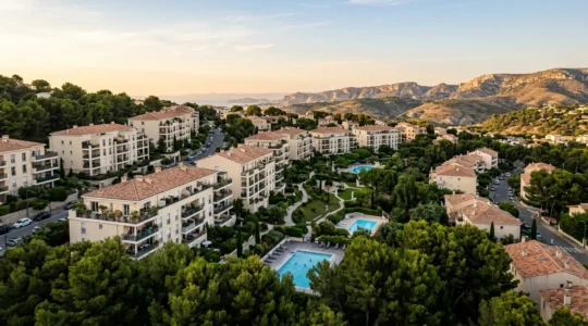 Vue aérienne du quartier du Cabot à Marseille avec ses résidences arborées et immeubles de standing