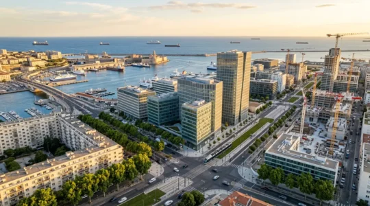 Vue aérienne du quartier de la Joliette à Marseille avec les immeubles modernes et le port en arrière-plan