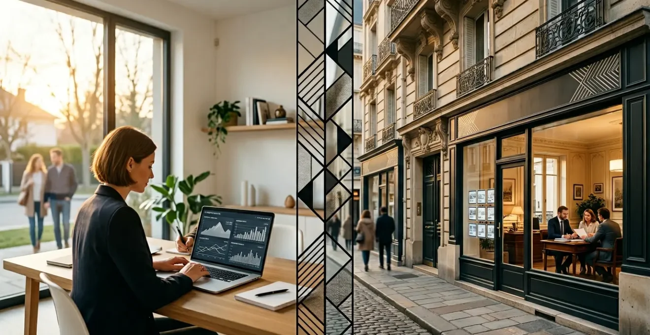 Comparaison visuelle entre un mandataire immobilier connecté et une agence traditionnelle avec vitrine