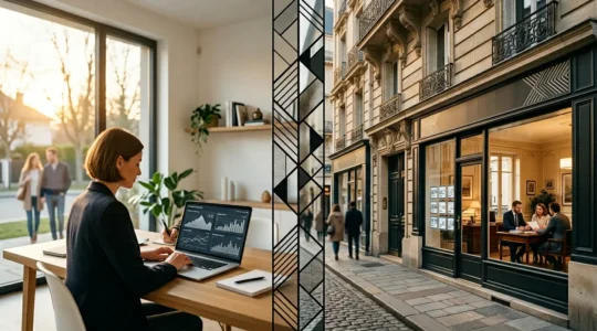 Comparaison visuelle entre un mandataire immobilier connecté et une agence traditionnelle avec vitrine