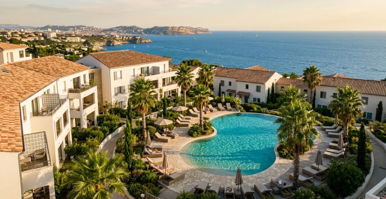 Vue aérienne d'une résidence moderne marseillaise avec piscine entourée de palmiers et vue sur la mer Méditerranée