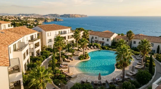 Vue aérienne d'une résidence moderne marseillaise avec piscine entourée de palmiers et vue sur la mer Méditerranée