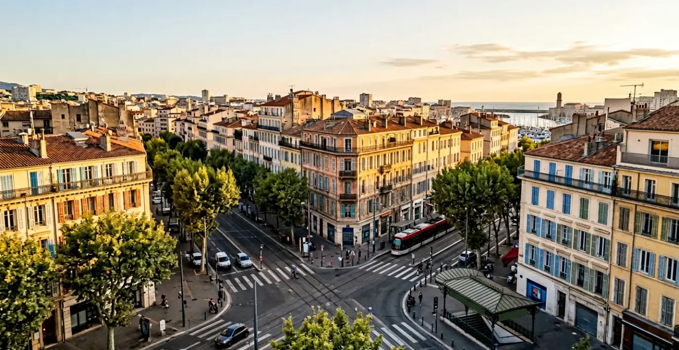 Vue aérienne d'une rue marseillaise avec façades haussmanniennes colorées et proximité du métro