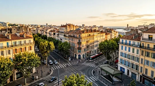 Vue aérienne d'une rue marseillaise avec façades haussmanniennes colorées et proximité du métro
