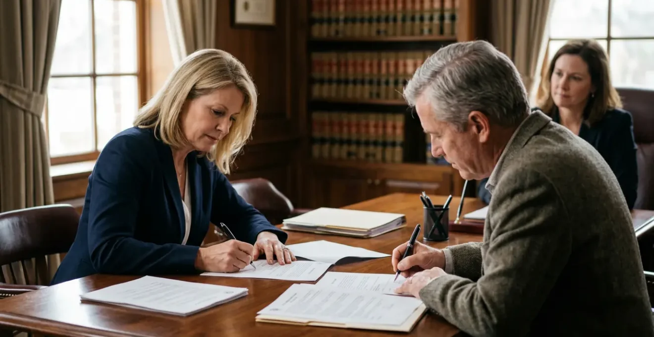 Vendeur et acheteur signant un compromis de vente immobilière chez le notaire avec documents juridiques