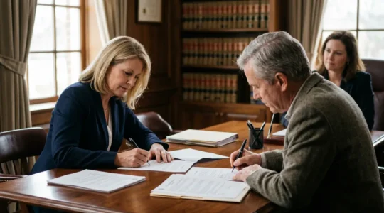 Vendeur et acheteur signant un compromis de vente immobilière chez le notaire avec documents juridiques