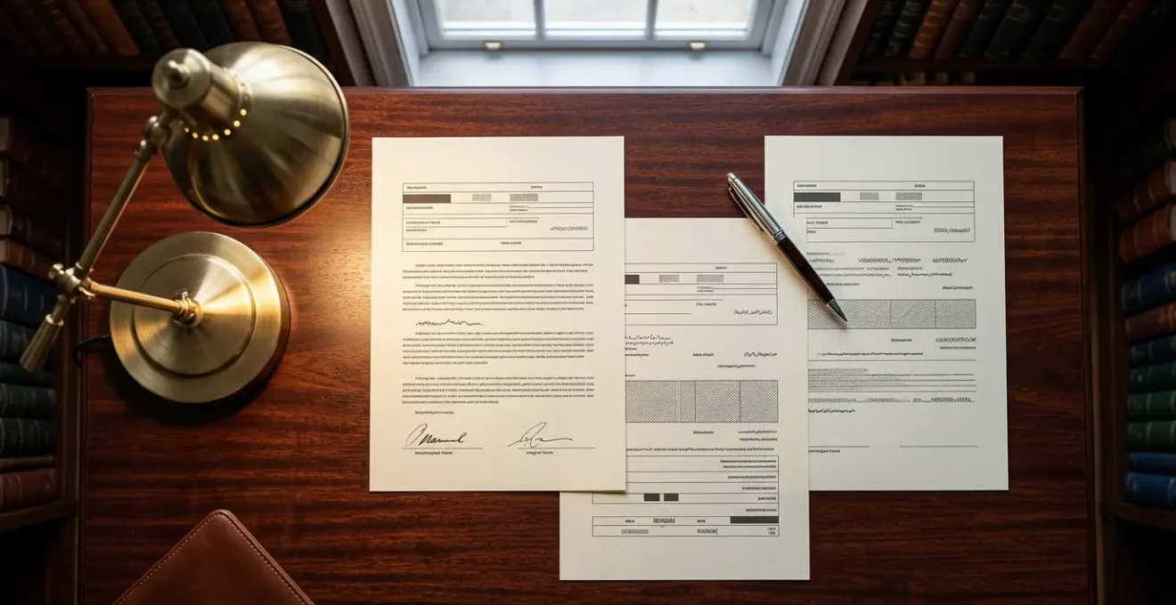 Signature d'un mandat immobilier dans un bureau professionnel avec documents et stylo