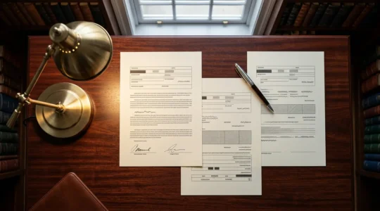 Signature d'un mandat immobilier dans un bureau professionnel avec documents et stylo