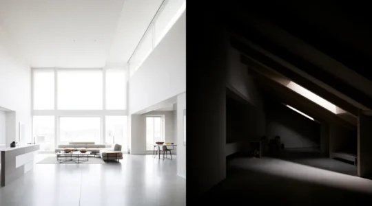 Vue architecturale d'un appartement moderne avec représentation visuelle des différentes surfaces habitables et non habitables