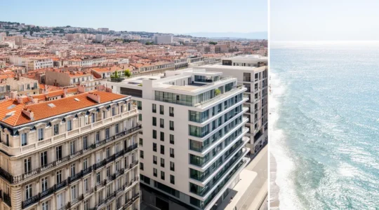 Vue aérienne des différents quartiers de Marseille montrant la diversité architecturale entre le Vieux-Port et les arrondissements périphériques