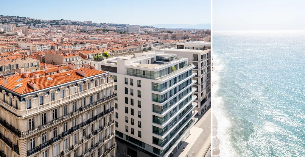 Vue aérienne des différents quartiers de Marseille montrant la diversité architecturale entre le Vieux-Port et les arrondissements périphériques