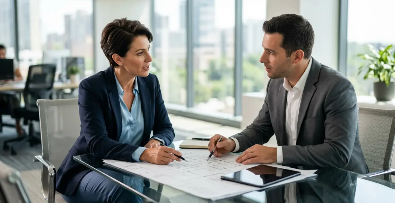 Vendeur discutant stratégie avec agent immobilier dans bureau lumineux