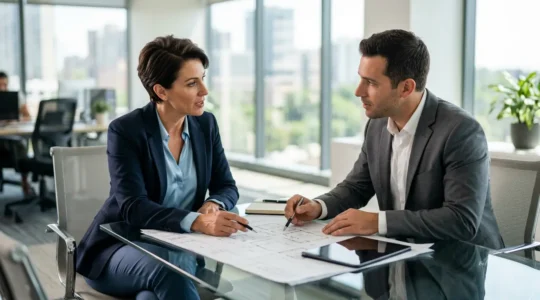 Vendeur discutant stratégie avec agent immobilier dans bureau lumineux