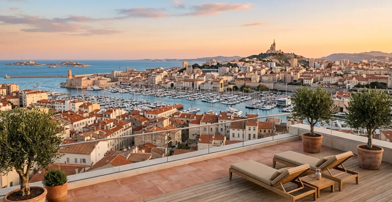 Vue panoramique de Marseille avec le Vieux-Port et Notre-Dame de la Garde, symbolisant le marché immobilier dynamique de la ville