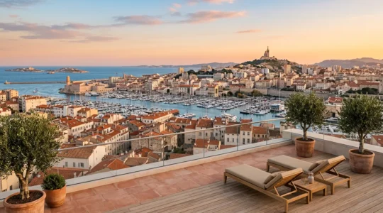 Vue panoramique de Marseille avec le Vieux-Port et Notre-Dame de la Garde, symbolisant le marché immobilier dynamique de la ville