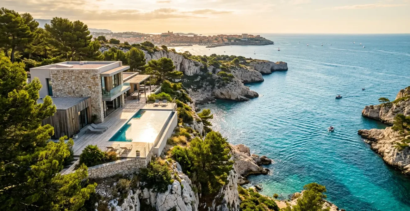 Vue aérienne d'une villa moderne sur les hauteurs des Calanques de Marseille avec terrasse et piscine