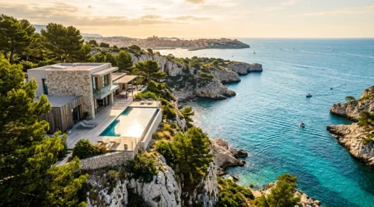 Vue aérienne d'une villa moderne sur les hauteurs des Calanques de Marseille avec terrasse et piscine