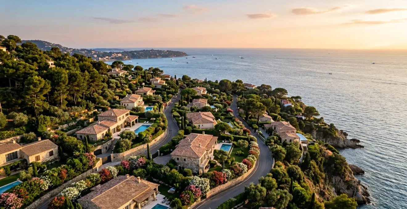 Vue aérienne d'un quartier résidentiel verdoyant sur les hauteurs de Marseille avec vue mer