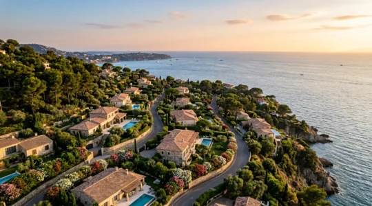 Vue aérienne d'un quartier résidentiel verdoyant sur les hauteurs de Marseille avec vue mer