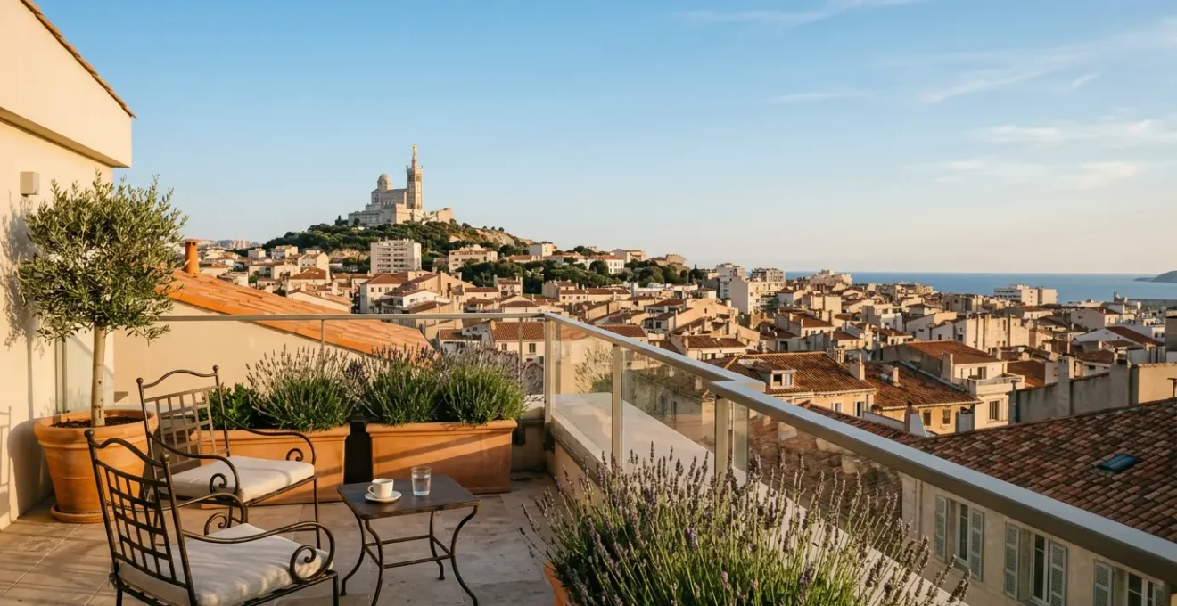 Vue panoramique sur Notre-Dame de la Garde depuis un appartement marseillais avec terrasse