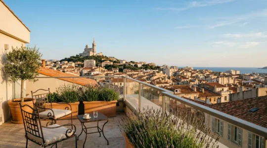 Vue panoramique sur Notre-Dame de la Garde depuis un appartement marseillais avec terrasse