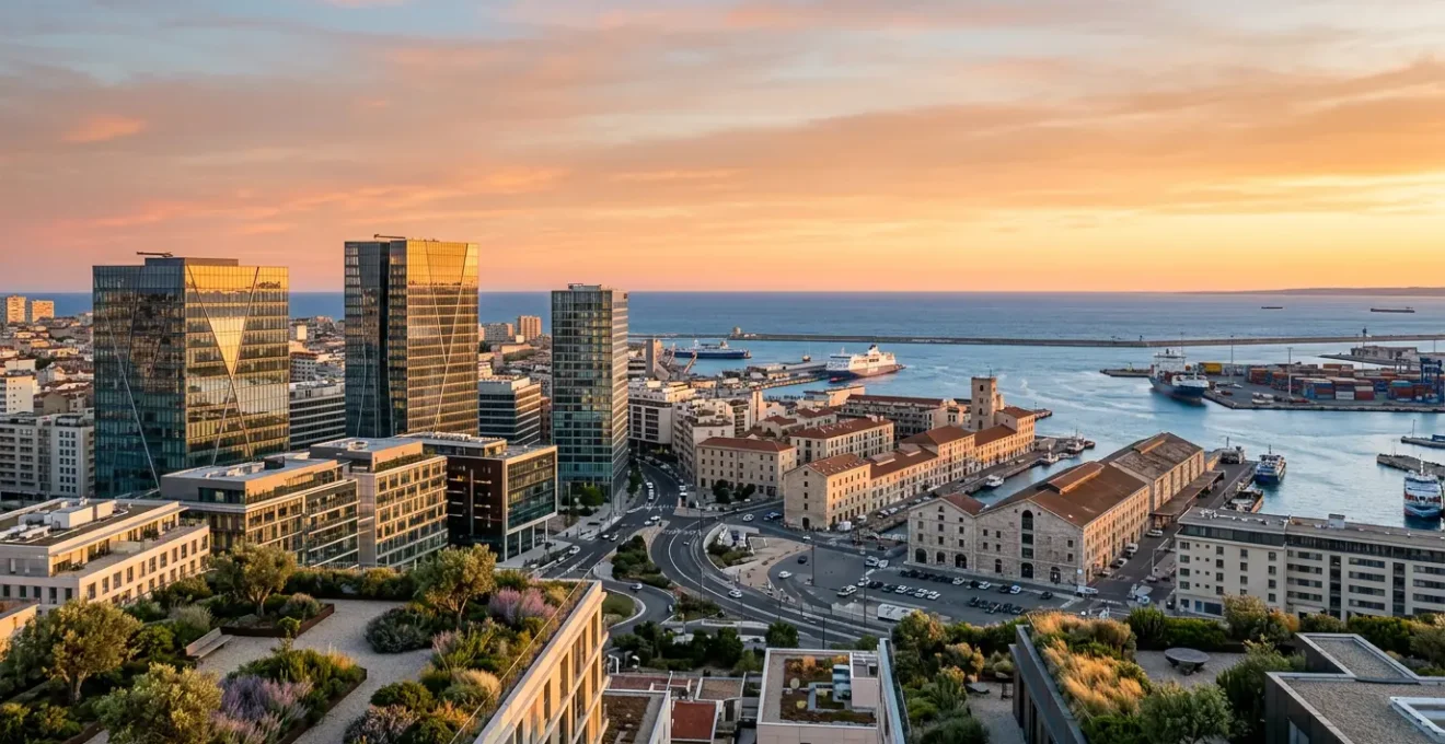 Vue aérienne de la zone Euroméditerranée avec les tours de bureaux modernes et le port de Marseille