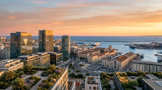Vue aérienne de la zone Euroméditerranée avec les tours de bureaux modernes et le port de Marseille