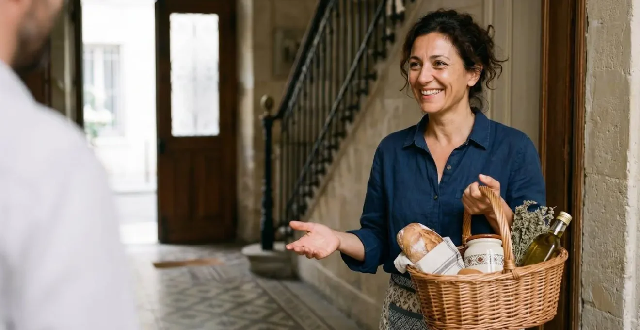 Hôte souriant accueillant des voyageurs dans un hall d'immeuble marseillais typique